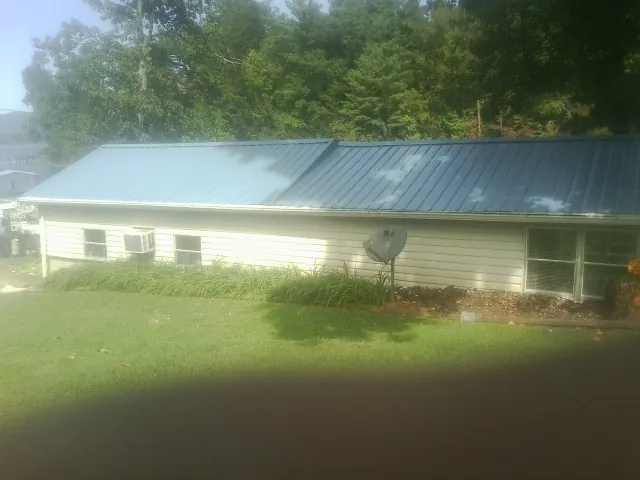 Blue metal roof running the length of a single story home in Potts Camp