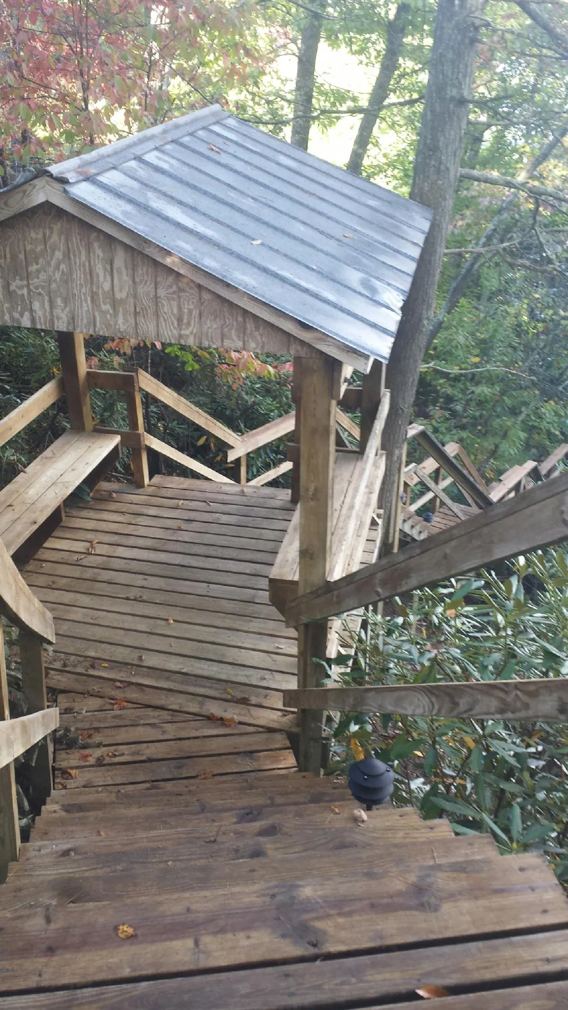 Metal roofed shelter over wooden steps on a wooded walkway — Skylight Repair & Installation work by our crew in Potts Camp
